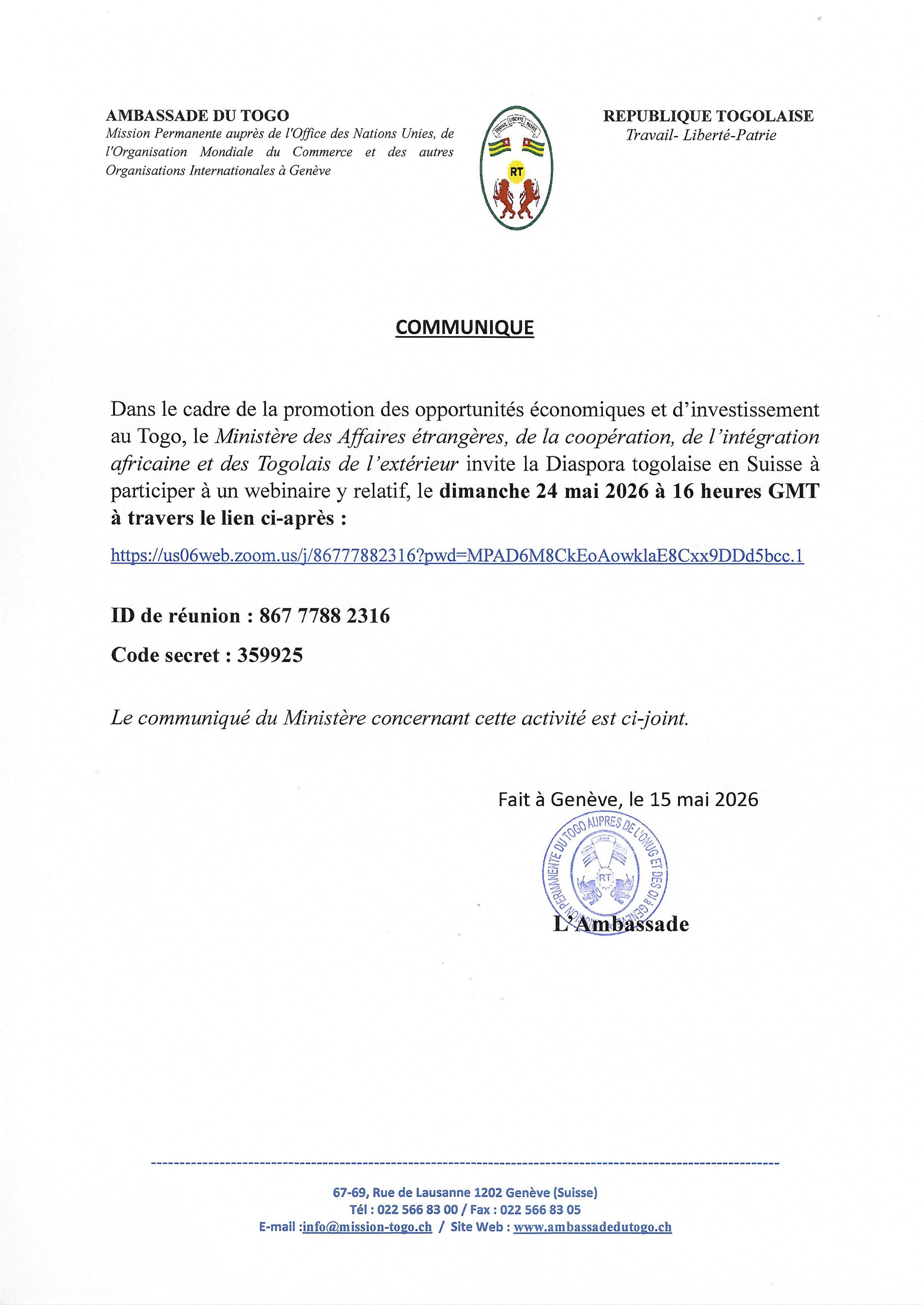 WEBINAIRE DU 24 MAI 2026 : OPPORTUNITÉS ÉCONOMIQUES ET D'INVESTISSEMENT AU TOGO